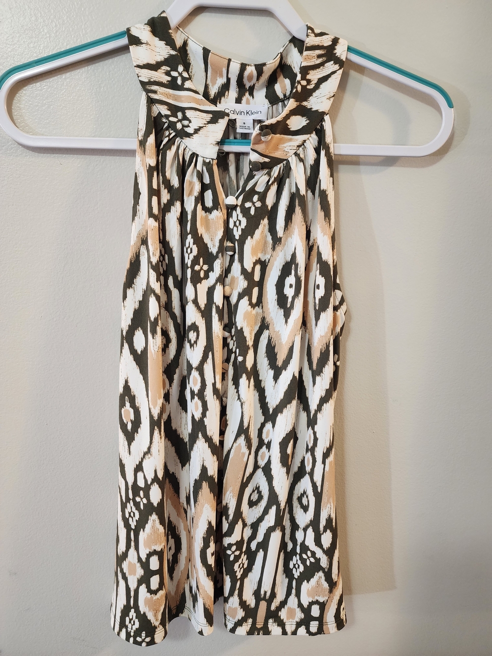 Calvin Klein Top Size Sm Sleeveless Ikat Print Halter Top - Black